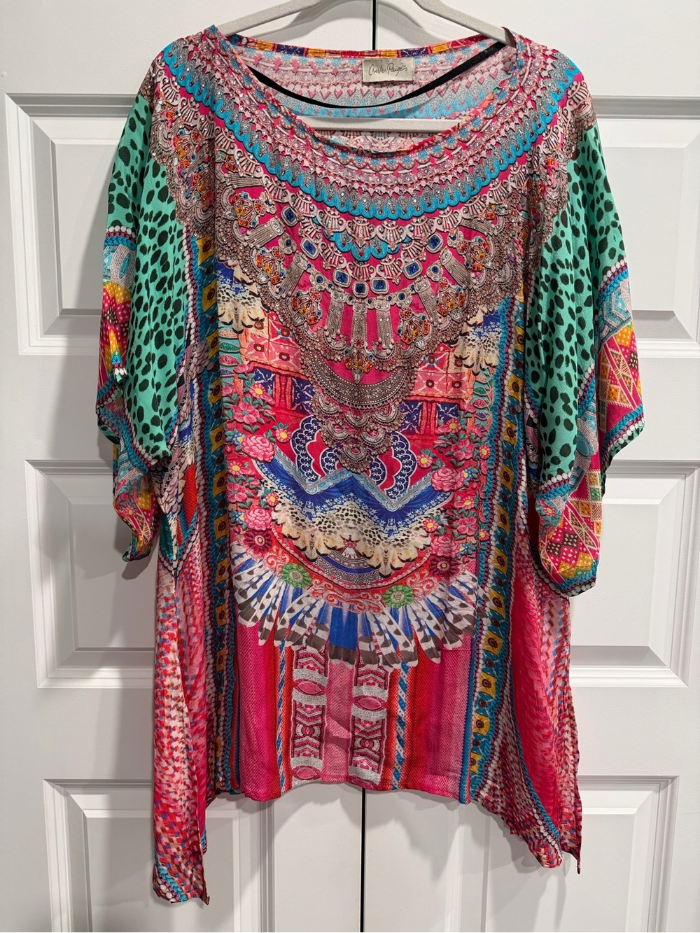 Charlie Paige Colorful Bohemian Print Tunic Top - Pink & Teal